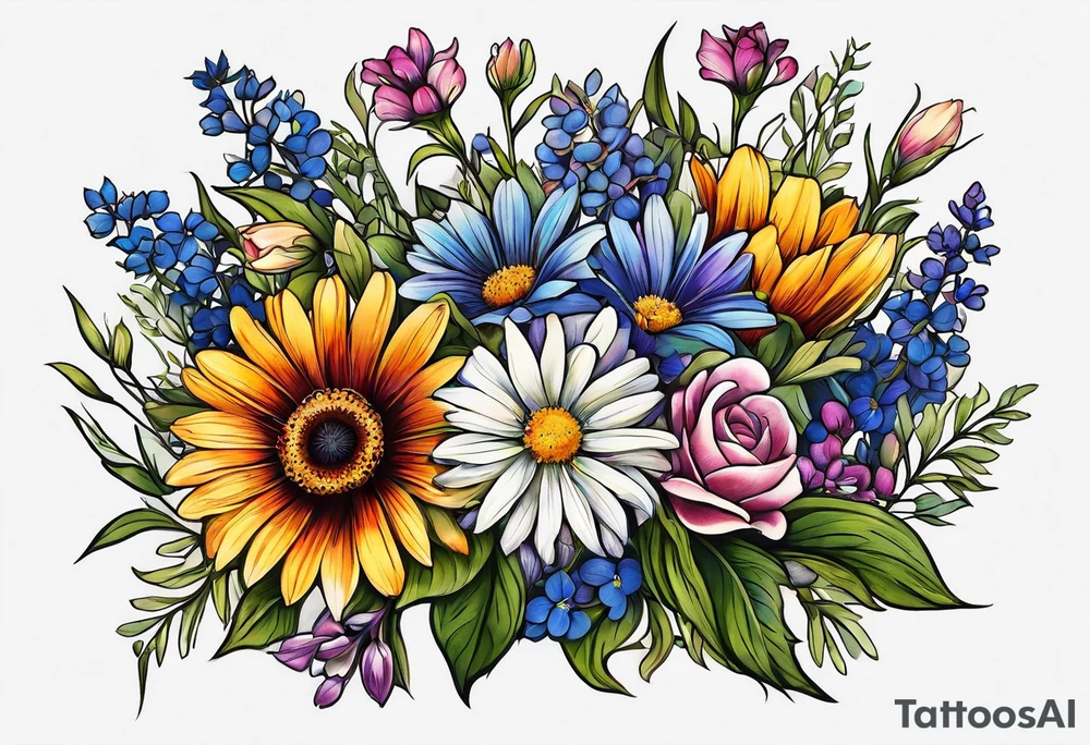 mixed wildflower bouquet detailed with color tattoo idea