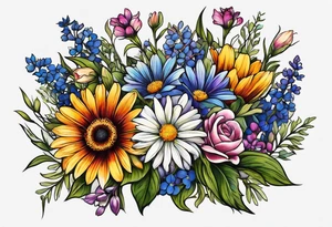 mixed wildflower bouquet detailed with color tattoo idea