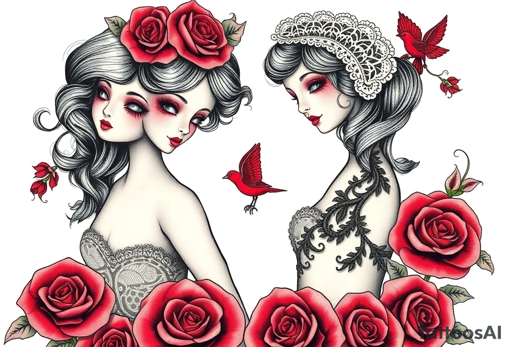 Vintage dollies, red roses, lace, red bird, vintage, wrap around, tighter together, no space open tattoo idea