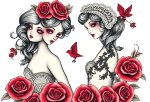 Vintage dollies, red roses, lace, red bird, vintage, wrap around, tighter together, no space open tattoo idea