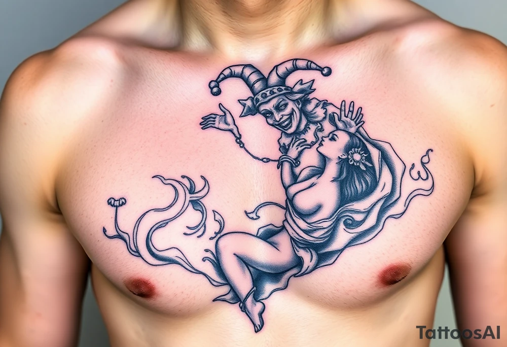 jester hovering over woman in smoke tattoo idea
