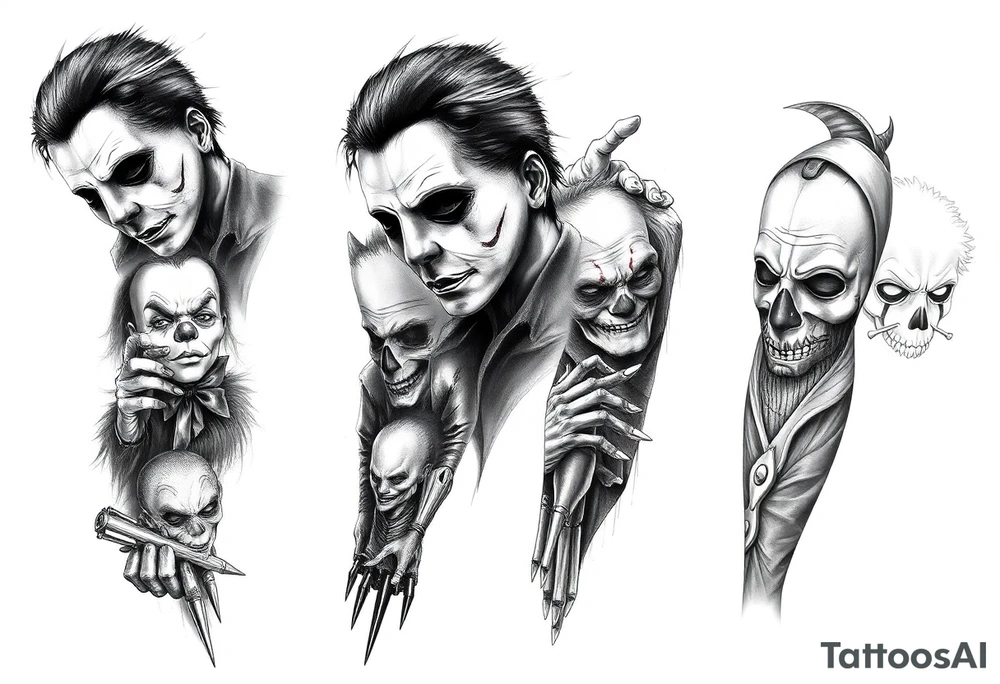 Left full arm sleeve. Michael Myers is the largest and main focal point. It should have the other horror characters like Jason, Freddy, the clown from saw, sam, the leprechaun,  chuckie, pin head, art the clown, leather face penny wise. tattoo idea