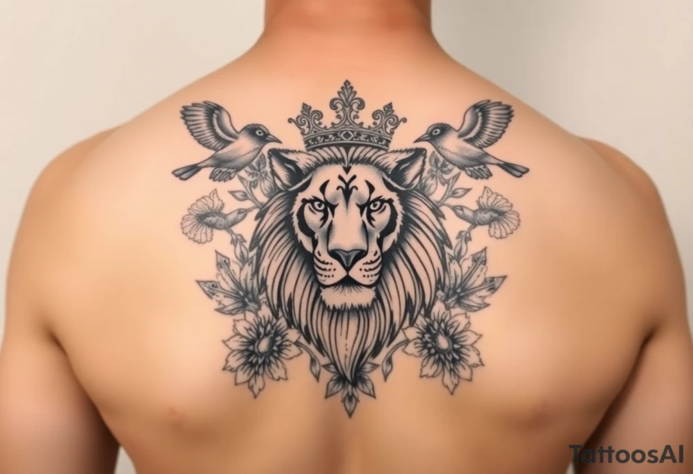 powerful majestic lion with a crown, surrounded by floral ornaments and birds tattoo idea