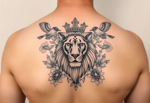 powerful majestic lion with a crown, surrounded by floral ornaments and birds tattoo idea
