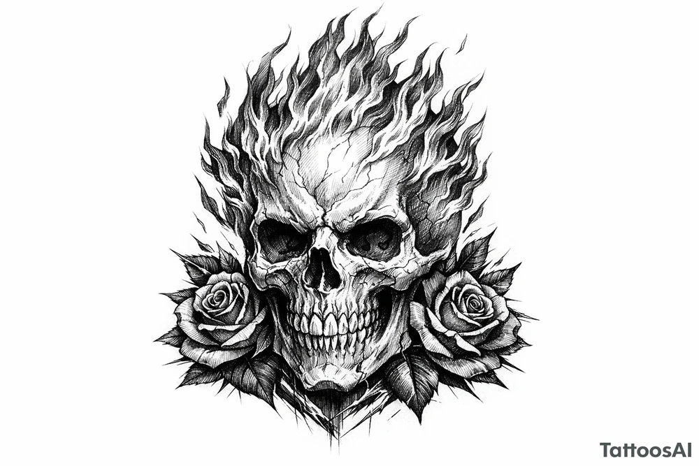 Realistic skull with vibrant orange and red flames, dark red roses at base. tattoo idea