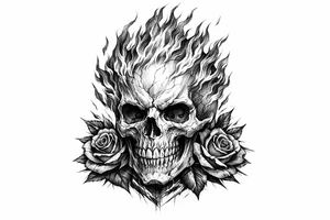 Realistic skull with vibrant orange and red flames, dark red roses at base. tattoo idea