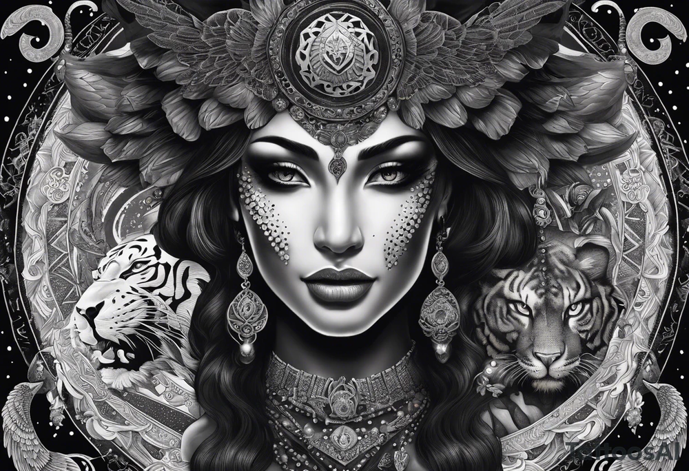 black kali, goddess pirate, alien, angel, pachamama, valkrye, warrior, flying, skull, lotus azul, wing, eagle, zenza resonance, stars, 5D, anahata chakra, death, durga, riding on a tiger, flying lady, kundalini, chest tatoo, samuri, rebel, serpent tattoo idea