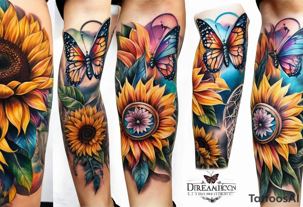 Leg sleeve with dreamcatcher, rainbow sunflowers and one butterfly tattoo idea