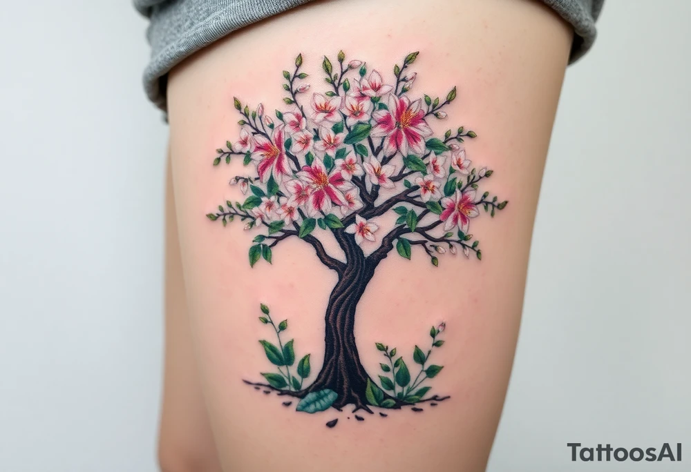 Flowering hawthorne tree with lilly of the vally plants planted by  tree tattoo idea