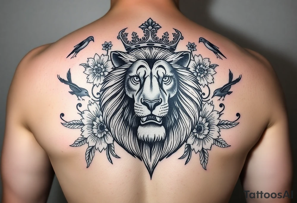 powerful majestic lion with a crown, surrounded by floral ornaments and birds tattoo idea