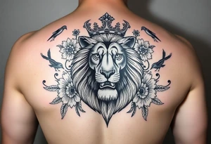 powerful majestic lion with a crown, surrounded by floral ornaments and birds tattoo idea