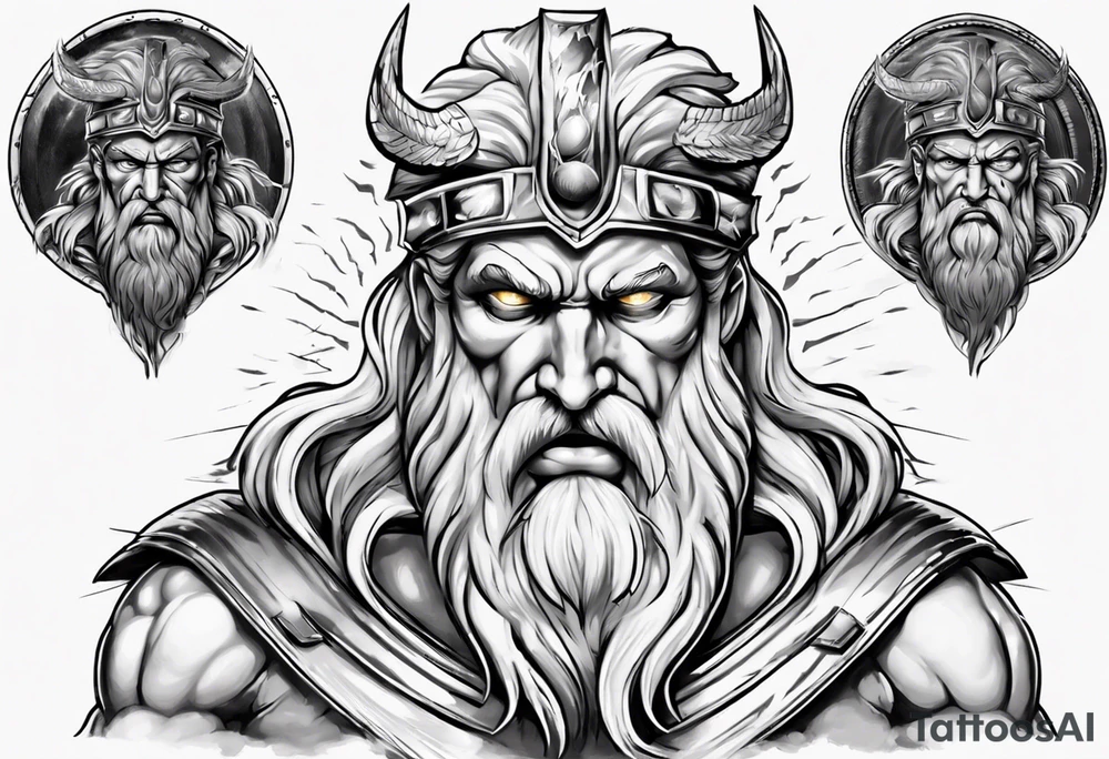 zeus with lightnings coming out of the eyes with spartan shield in background tattoo idea