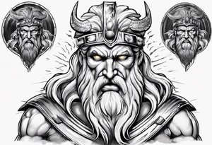 zeus with lightnings coming out of the eyes with spartan shield in background tattoo idea