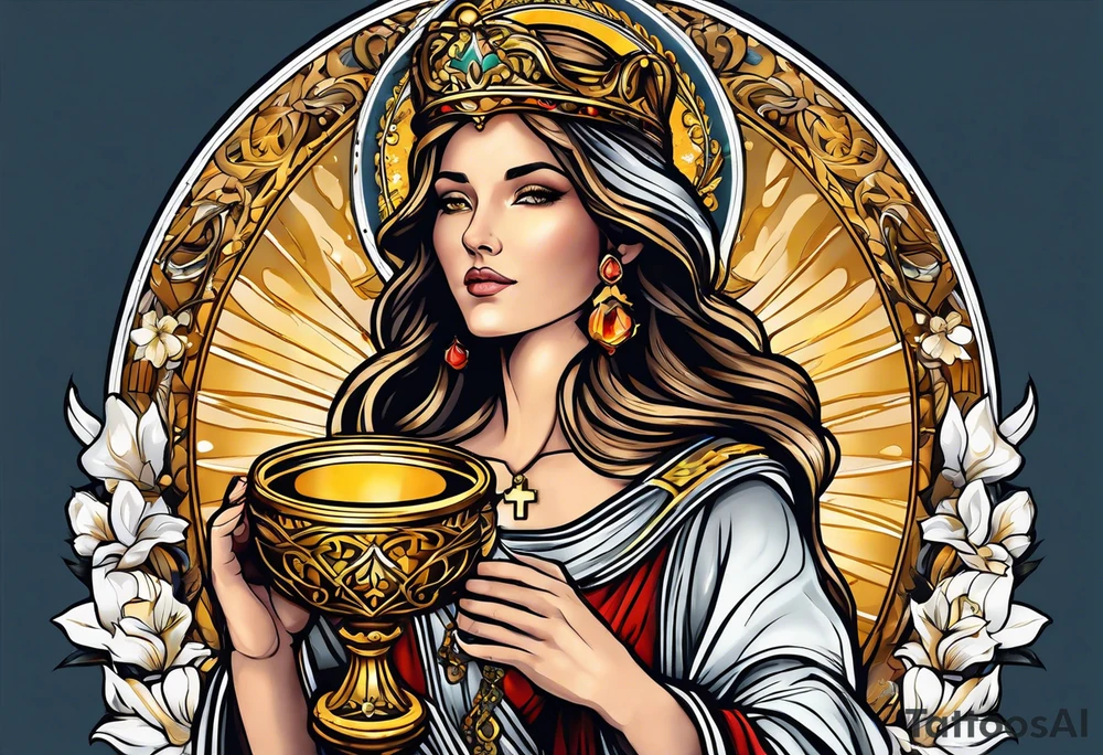 woman saint holding chalice surrounded by golden halo sideways tattoo idea