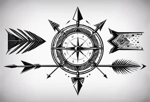 three basic parallel arrows. the first arrow broken near the flight. the second middle arrow in tact. the third arrow broken near the head. including the morse code for JAK in the design. tattoo idea