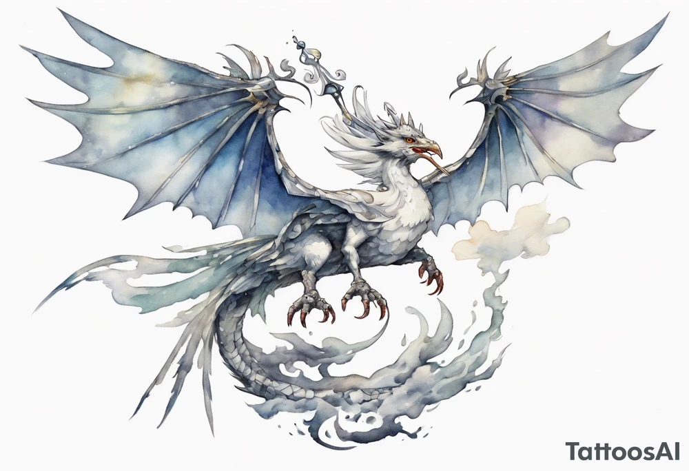 a white bird-wyrm hybrid, wearing a pewter crown on its head, flying in the air tattoo idea
