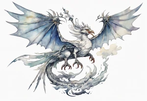 a white bird-wyrm hybrid, wearing a pewter crown on its head, flying in the air tattoo idea