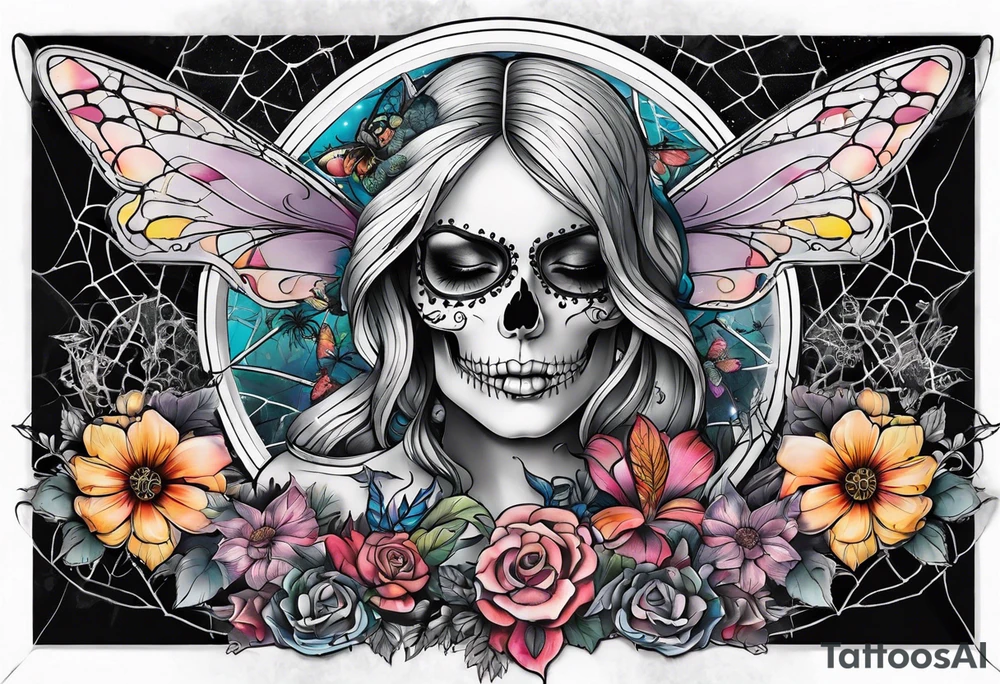 Full sleeve with fairy’s and skulls and spiderwebs tattoo idea