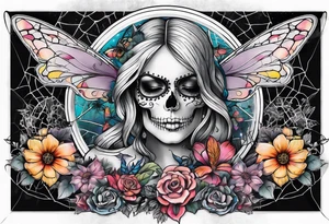 Full sleeve with fairy’s and skulls and spiderwebs tattoo idea