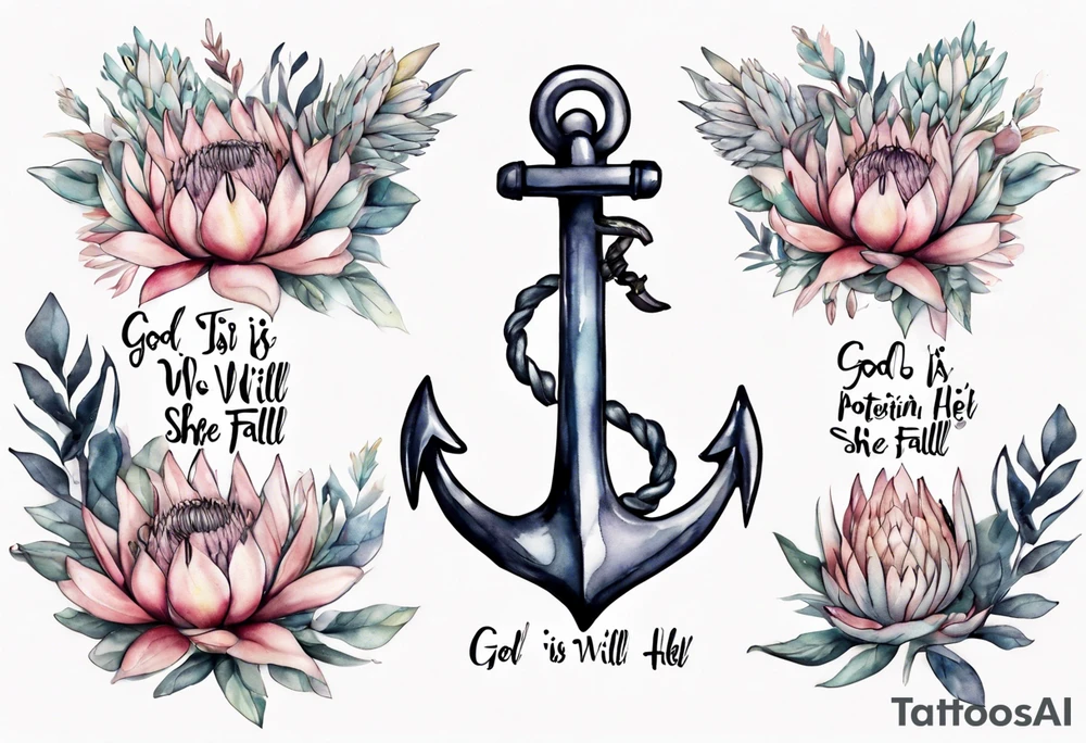 Very feminine tattoo of an anchor and protea flowers and the verse: God is within her, she will not fall. tattoo idea