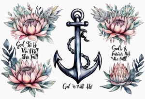 Very feminine tattoo of an anchor and protea flowers and the verse: God is within her, she will not fall. tattoo idea