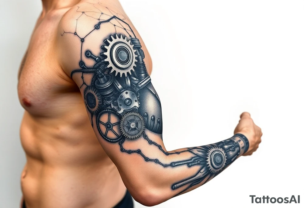 This biomechanical tattoo design creates the illusion of mechanical parts under the skin. It features gears, pistons, and wires, giving the arm a cybernetic look. Realistic shading enhances the fusion of flesh and machine tattoo idea
