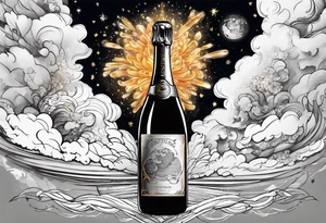 A champagne bottle exploding in the sky above the earth tattoo idea