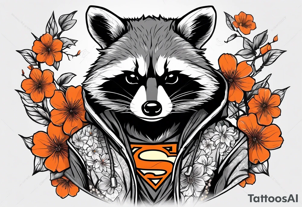 raccoon wearing a black and white Superman hoodie and orange Japanese cherry blossoms tattoo idea
