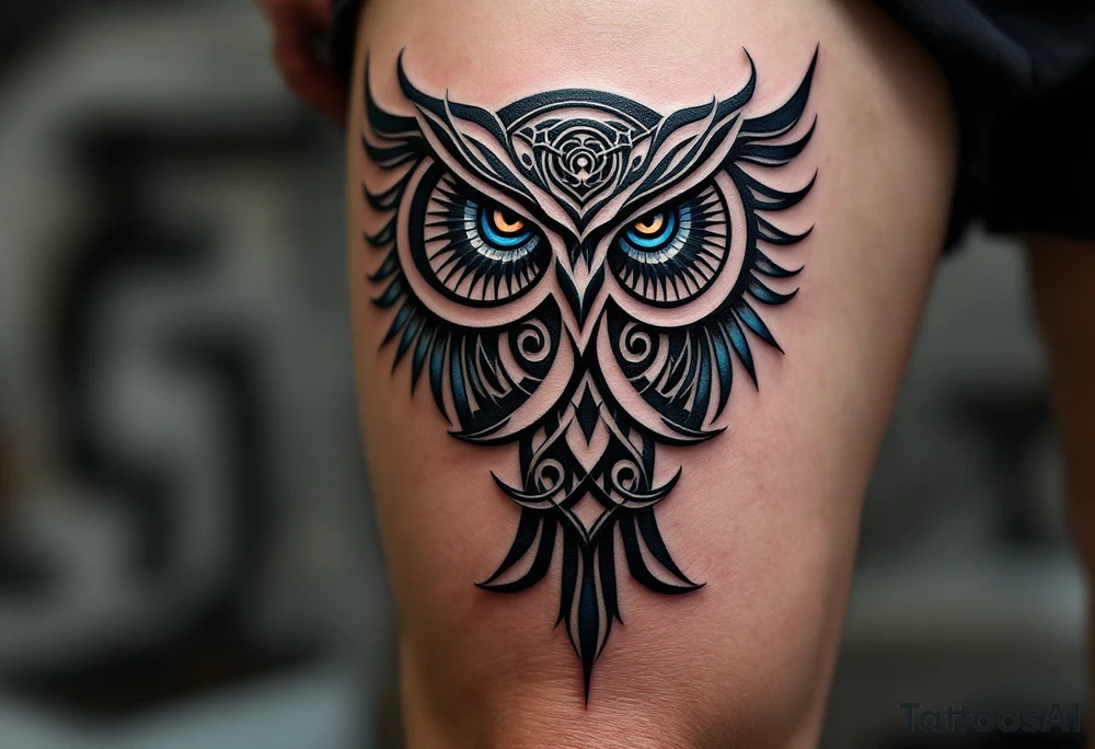 Celtic Owl with Midnight Accents
Wise owl shaped from spirals and knots. Dark gray feathers, midnight blue eyes, and subtle silver edges on the wings. tattoo idea