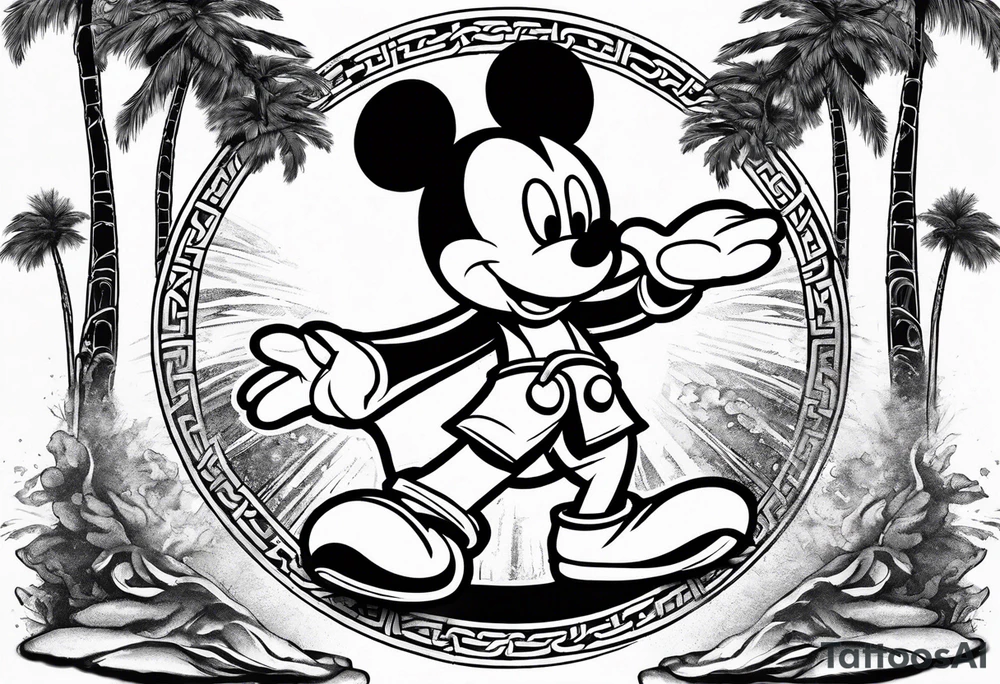 mickey mouse doing martial arts with palm trees, lightning and the celtic symbol for family tattoo idea