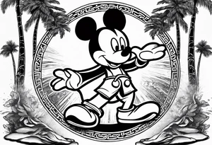mickey mouse doing martial arts with palm trees, lightning and the celtic symbol for family tattoo idea