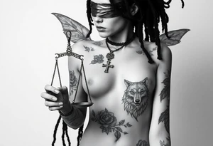 Black Sylph with dreads wearing blind fold and ankh cross pendant with tattoos holding weighing scales with the rose vines surrounding and grey wolf tattoo idea