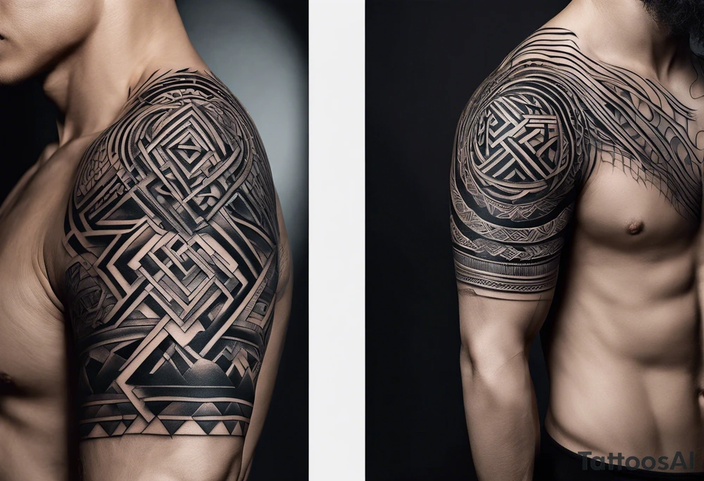 A conceptual tattoo design for the upper arm and shoulder, featuring two interwoven profiles symbolizing the duality of strength and vulnerability. The design combines structured geometric patterns with organic forms like roots or clouds. One of the profiles subtly transforms into a hand that appears to be deconstructing or rebuilding itself, with fine cracks representing fragility. In the background, elements of ancient ruins or castle stones evoke a journey of authenticity and introspection, using light shading and dark, bold lines to add depth and intensity tattoo idea