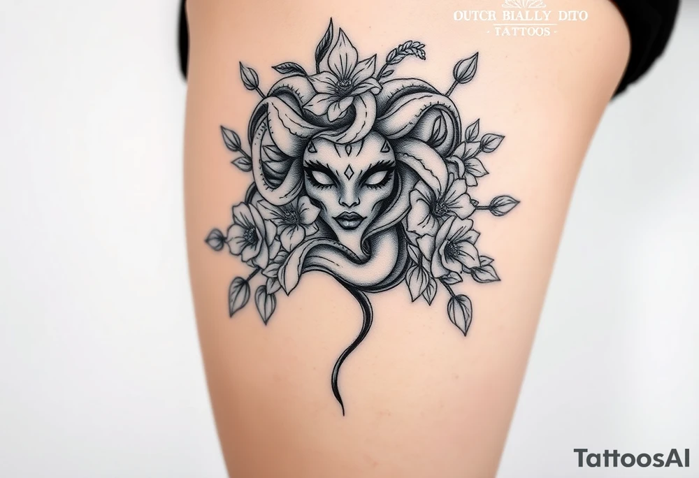 Big headed Medusa flowers tattoo idea