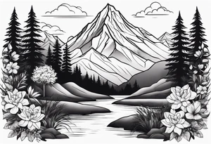 Create a delicate tattoo depicting a symmetrical landscape with a waterfall cascading between mountains, surrounded by flora and fauna tattoo idea