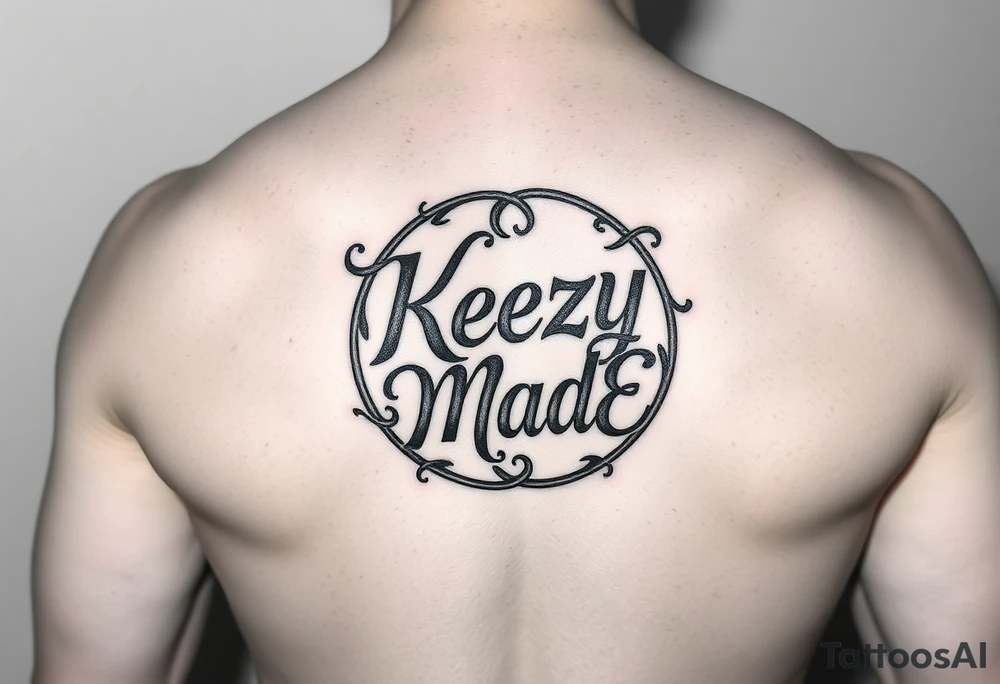 A fancy but rugged twisted and intertwined circular arched curvy lettering in a circular picture that would be clothing brand style that says (KeezY MadE) tattoo idea