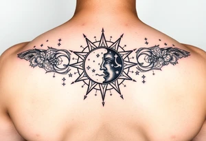 celestial sun and moon embrace with constellation patterns tattoo idea