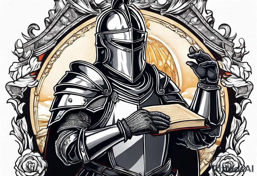 knight holding a bible over his head in combat with both hands tattoo idea