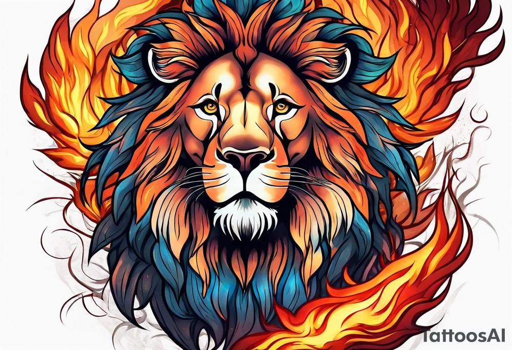 A lion surrounded by fire in full color tattoo idea