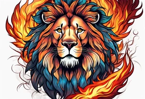 A lion surrounded by fire in full color tattoo idea