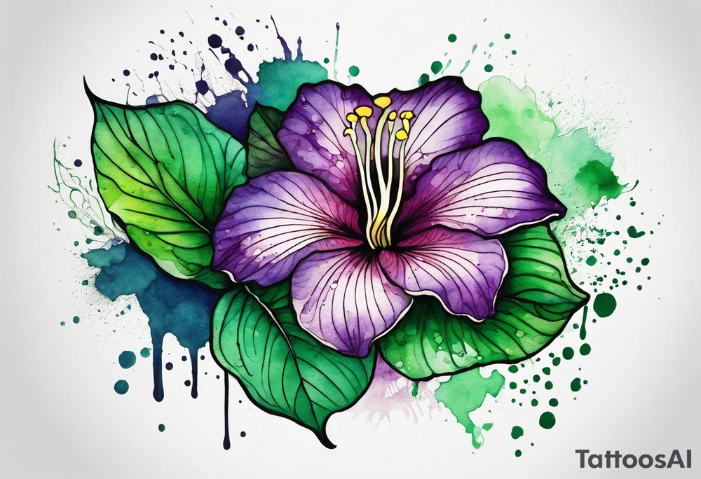 A mystical outline of a green rio dipladenia flower and a green/purple watercolor splatter in the background tattoo idea