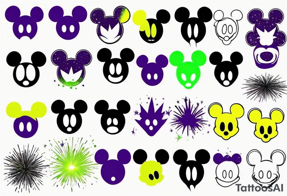 Mickey head and ears, no face, in black

Light fireworks behind in green, yellow, and purple tattoo idea