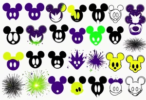 Mickey head and ears, no face, in black

Light fireworks behind in green, yellow, and purple tattoo idea