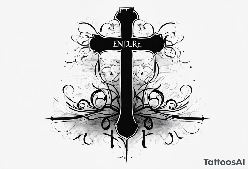 tattered cross with the word Endure going through the top of the cross and Roman's 5:3-5 going down the side tattoo idea