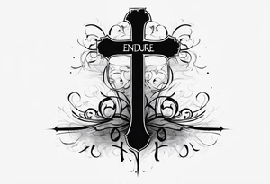 tattered cross with the word Endure going through the top of the cross and Roman's 5:3-5 going down the side tattoo idea