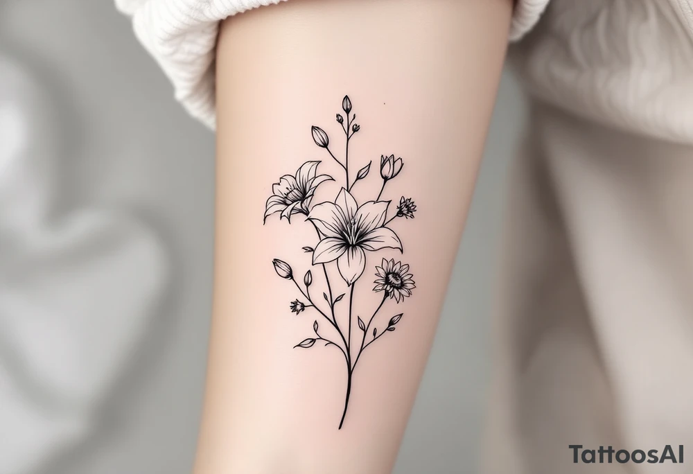 Stargazer lillies with small sunflowers and tulip buds in a dainty wildflower bouquet with stems tattoo idea
