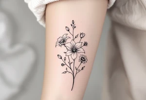 Stargazer lillies with small sunflowers and tulip buds in a dainty wildflower bouquet with stems tattoo idea