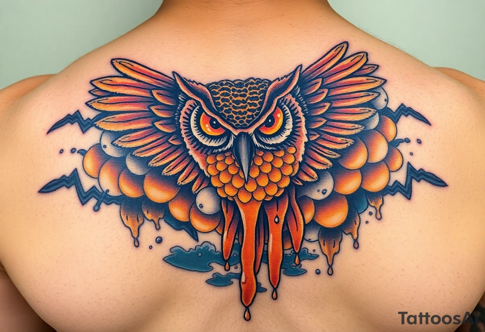 Honey comb, owl dripping honey over ocean scene tattoo idea