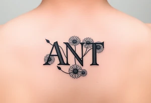 Small Fine line design with overlapping letters A,N,T  with daisies tattoo idea