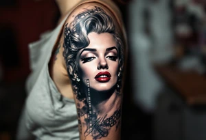 A filmstrip tattoo with several Marilyn Monroe expressions in black and grey with one red-lipped close-up. tattoo idea